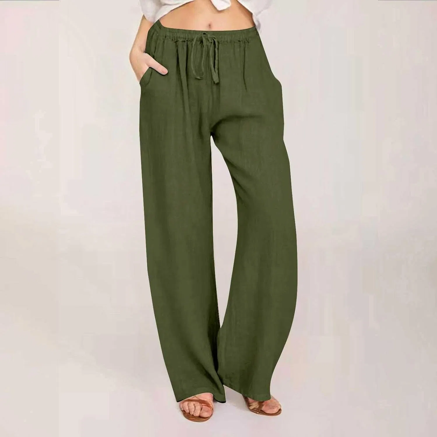 Широкие брюки Cotton Linen с завязкой на талии, Green — фото 2
