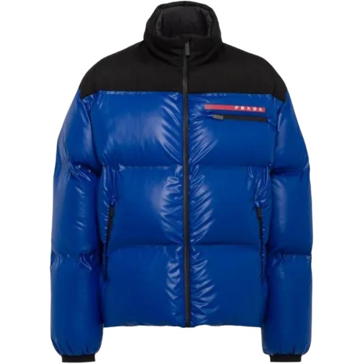 

Prada Мужская пуховая куртка, синяя, с воротником-стойкой, средней высоты