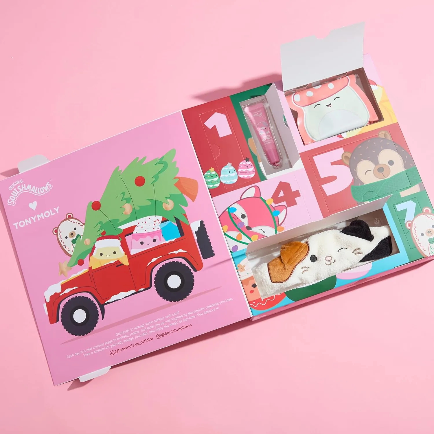 Адвент-календарь TONYMOLY x Squishmallows 2025 - 7-дневный адвент-календарь по уходу за кожей с кремом для рук, блеском для губ, тканевыми масками и милым адвент-календарем для девочек. — фото 3