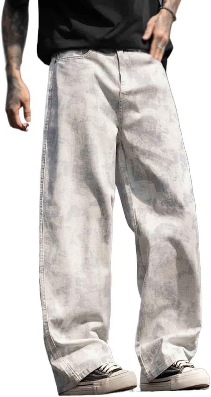 Джинсы свободные Men's Denim Pants Y2K Hip Hop Baggy Jeans Loose Fit Wide Leg Casual Streetwear Trousers Washed Hip Hop Pantses, Серый