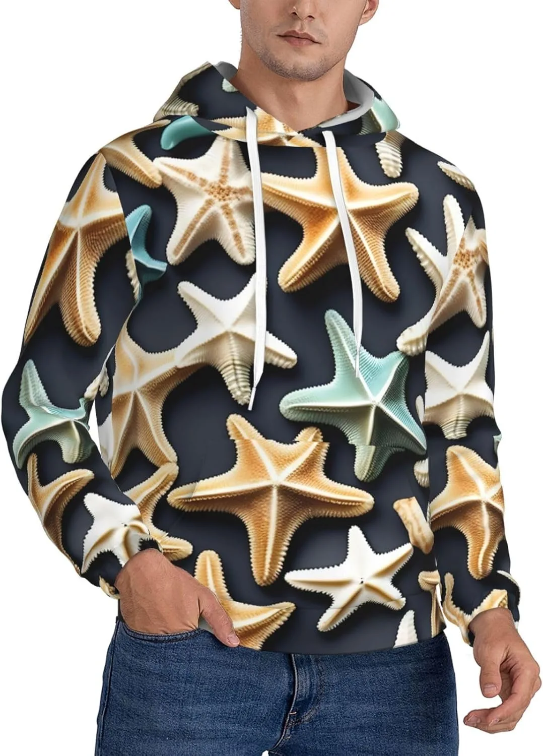 

Толстовка с капюшоном BaerK для мужчин, флисовая, с принтом Seashell Starfish, мягкая, с карманом