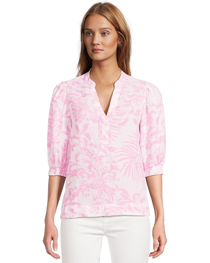 

Топ Lilly Pulitzer Mialeigh Elbow Sleeve Linen Top, цвет Rousseau Pink Glisten In The Sun
