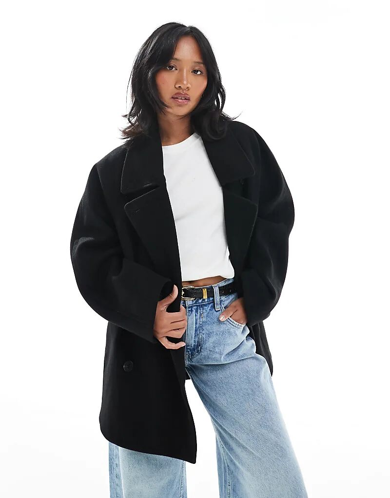 

ASOS DESIGN Petite, объемное пальто-бушлат средней длины черного цвета