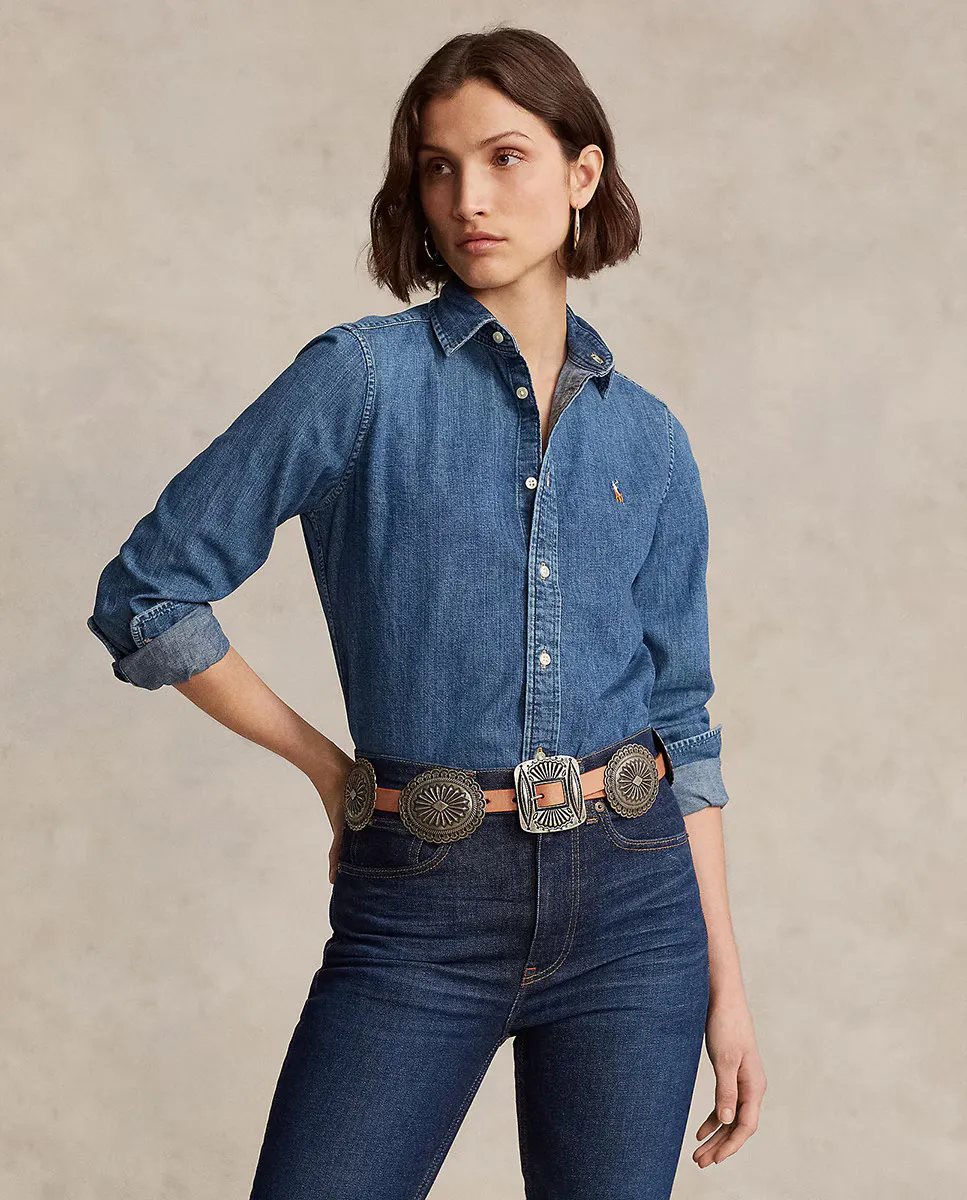 

Хлопковая женская рубашка с длинным рукавом Polo Ralph Lauren, синий