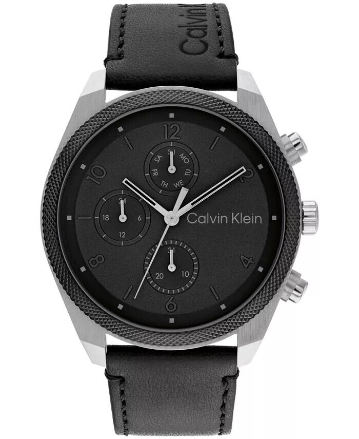 

Мужские многофункциональные часы с черным кожаным ремешком, 44 мм Calvin Klein