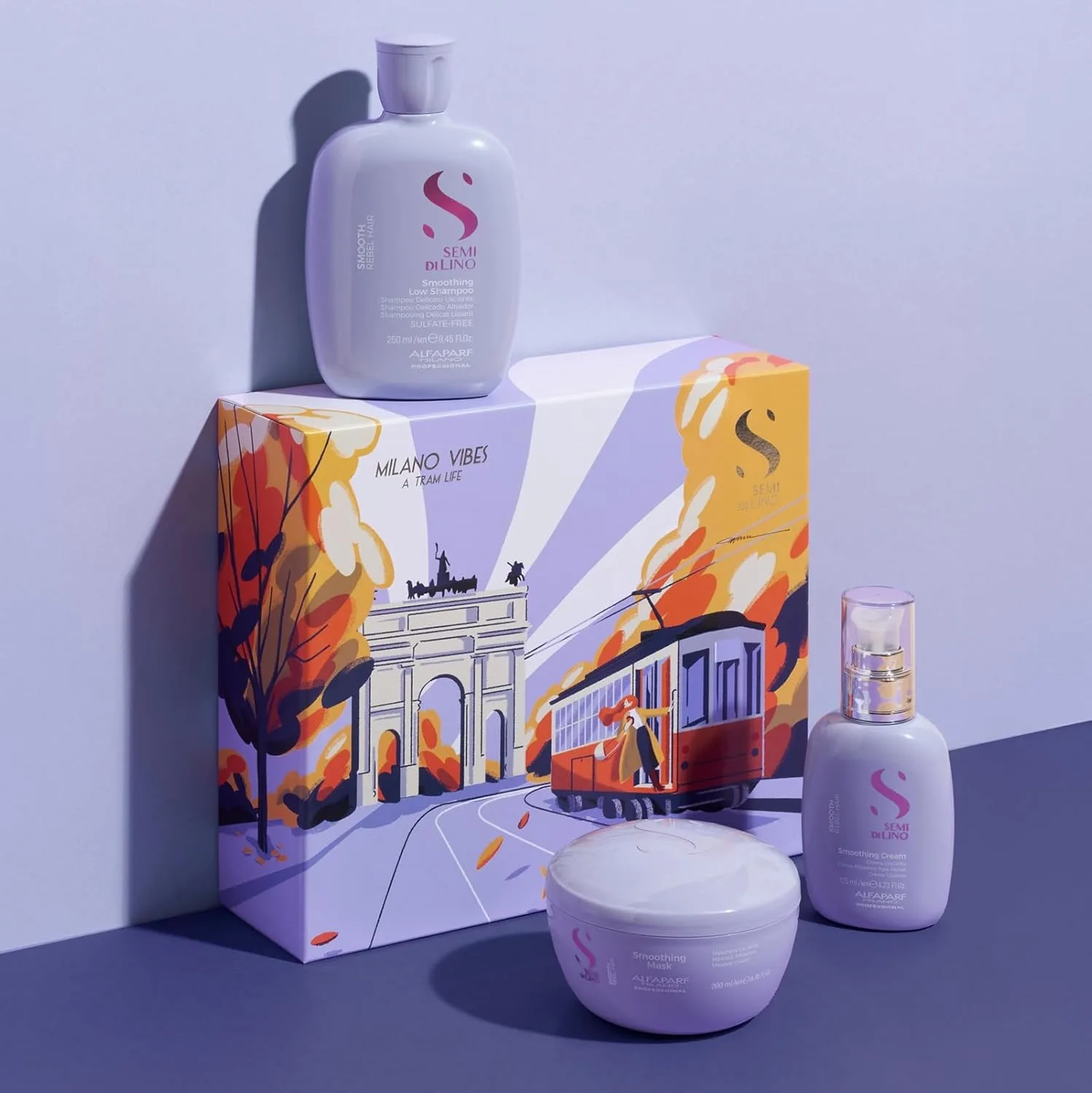 Подарочный набор Alfaparf Milano Semi di Lino Smooth для непослушных и вьющихся волос - шампунь без сульфатов, маска для волос и разглаживающий крем - против пушистости. — фото 2