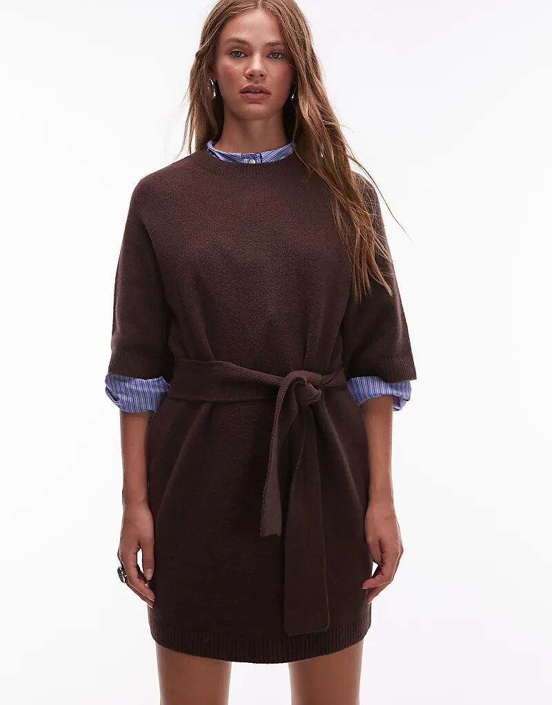

& Other Stories трикотажное мини-платье с поясом и широкими рукавами коричневого цвета