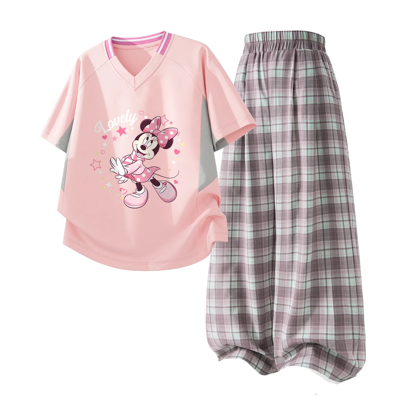 Детская спортивная одежда с V-образным вырезом Disney, Di Shui Star Pink+Solid Pink