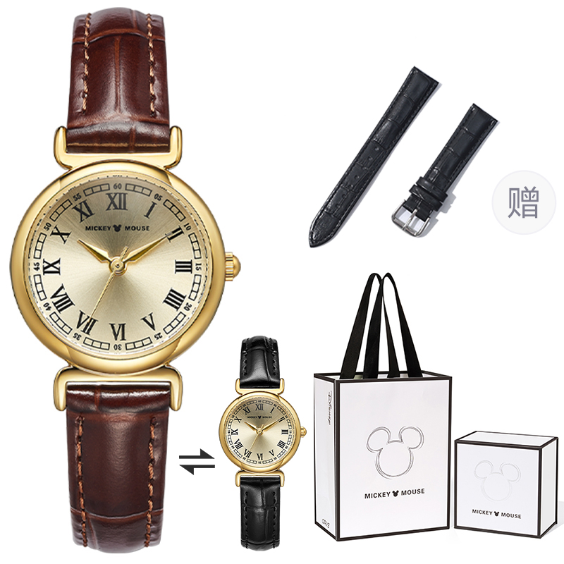 

Disney Часы Quartz Movement Genuine Leather Strap Watch Women's Watch White Dial, Vintage Brown (Two Straps)[Box]