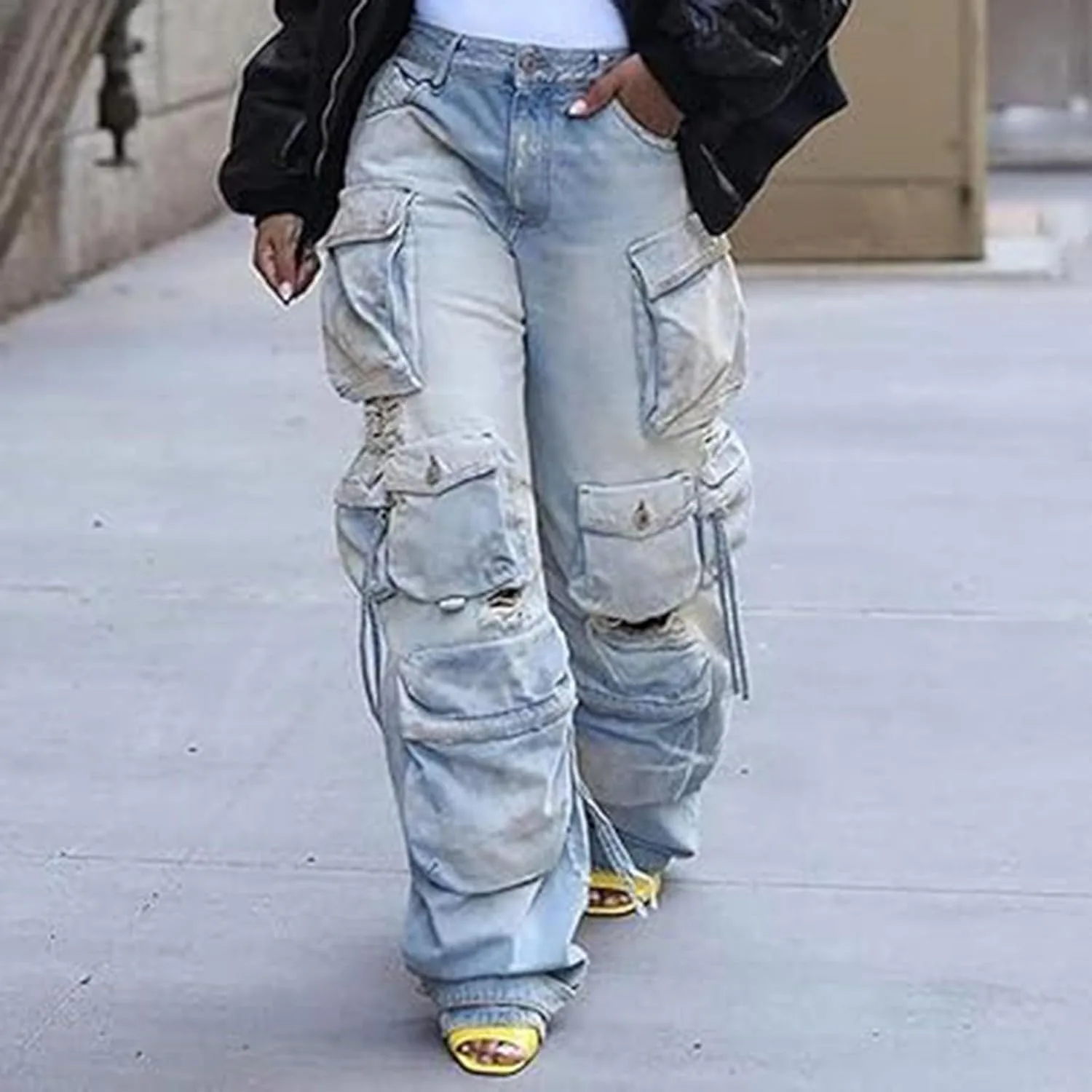 Женские карго джинсы с высокой талией и леопардовым принтом — фото 3