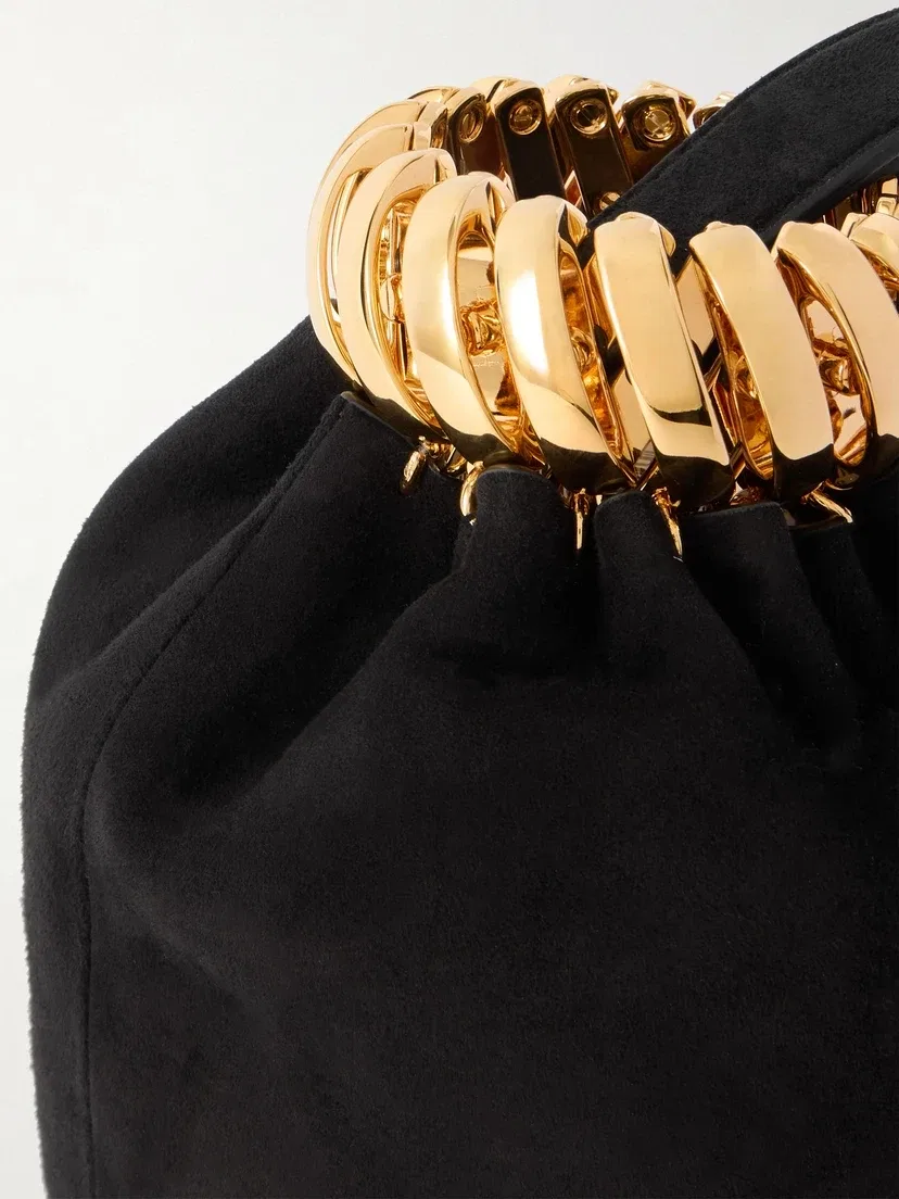 Alaïa Кожаная сумка-ведро из замши с отделкой под золото, черный — фото 4