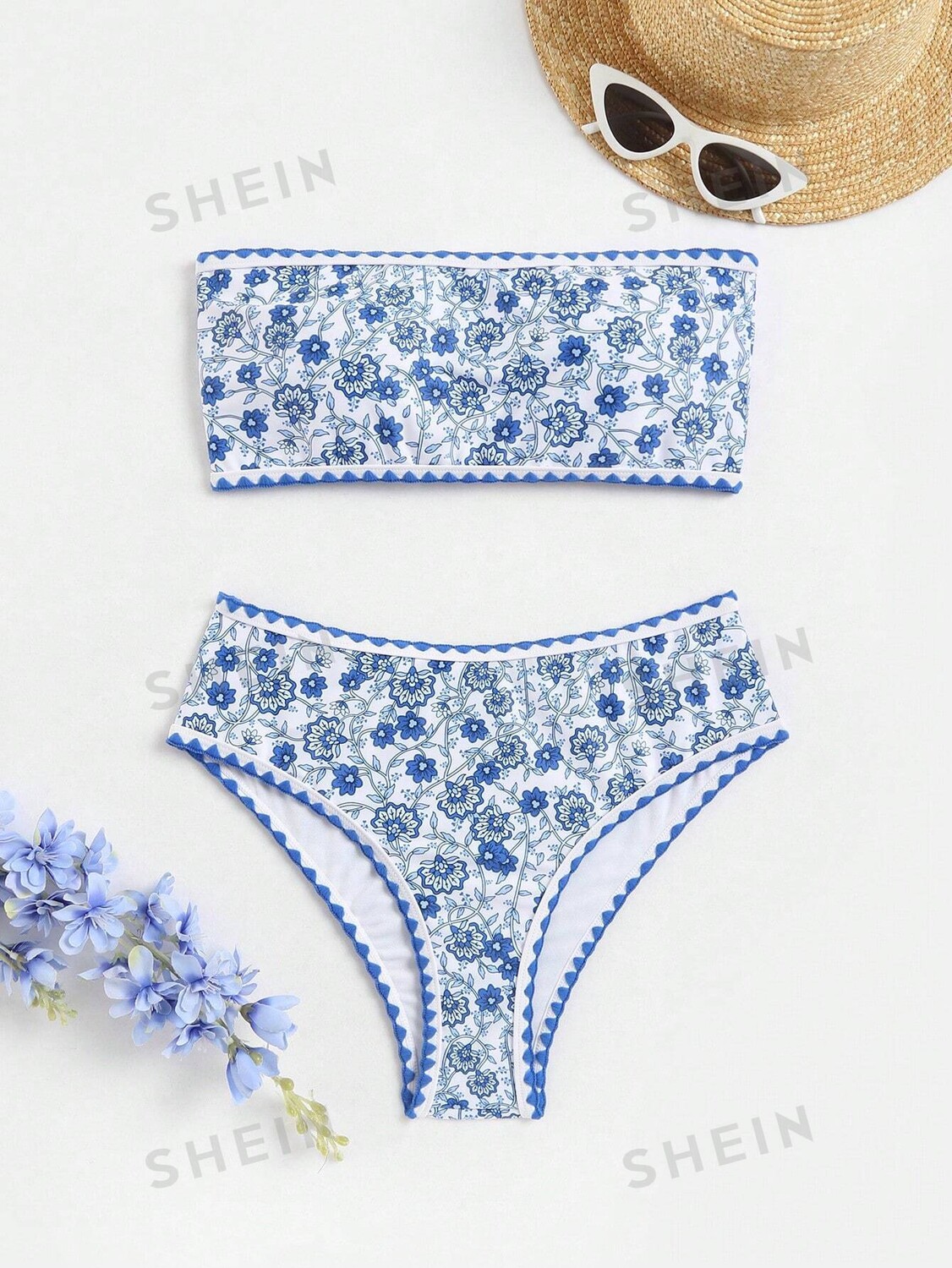 

Купальник Shein Swim BohoFeel с цветочным принтом, синий / белый