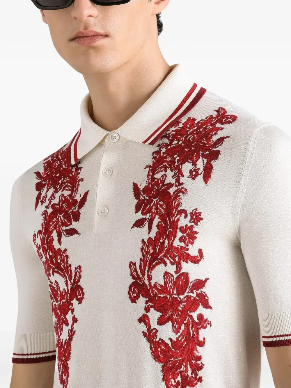 Шелковая рубашка поло вязки интарсия Dolce & Gabbana, белый — фото 4