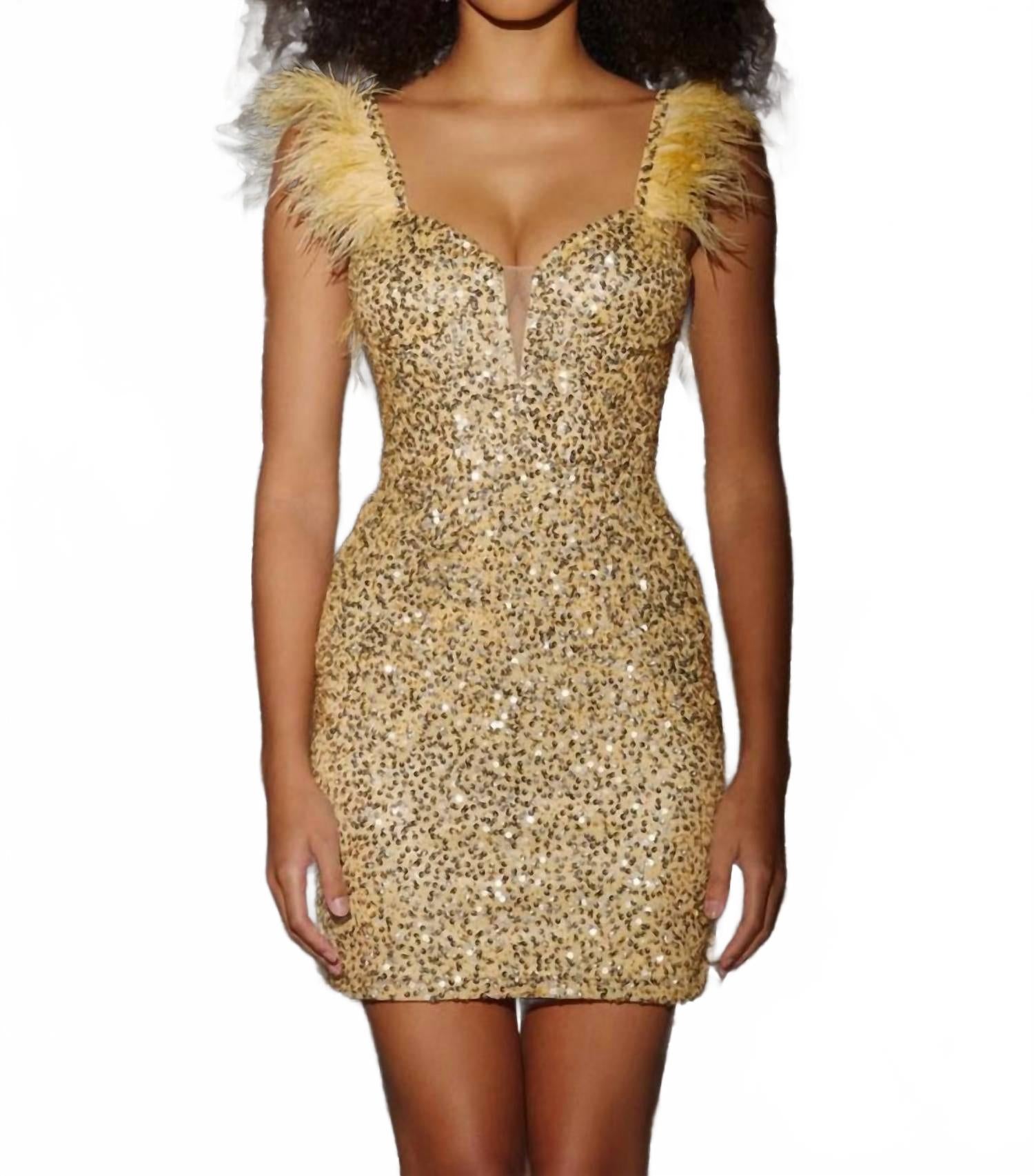 

Золотое коктейльное платье с рукавами из искусственных перьев Aleta