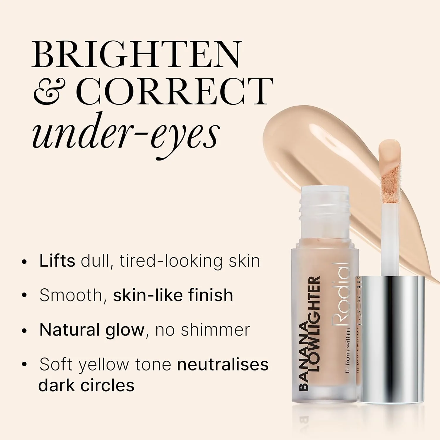 Rodial Banana Lowlighter Travel Size жидкий консилер и корректор 0.05 fl oz, с гиалуроновой кислотой, витамином E и кофеином от темных кругов, мини-желтый осветлитель под глаза для легкого финиша 1.42 г (1 шт.), Beige — фото 2