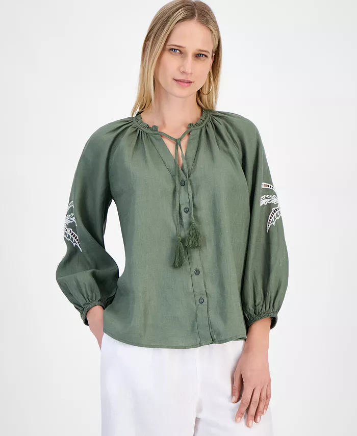 

Женская блузка из 100% льна с вышивкой Charter Club, зеленый