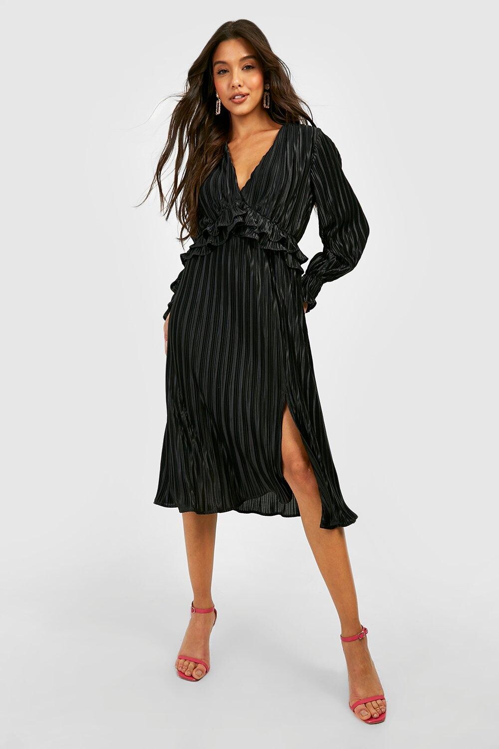 

Плиссированное платье миди с обрюками Boohoo, черный