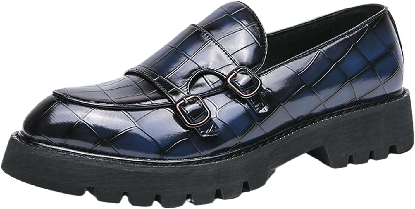 

Мужские лоферы на платформе из лакированной кожи без шнурков с двойной пряжкой, классические нескользящие пенни-лоферы, мокасины, повседневная модная обувь в стиле лодочек Fairsoma, синий
