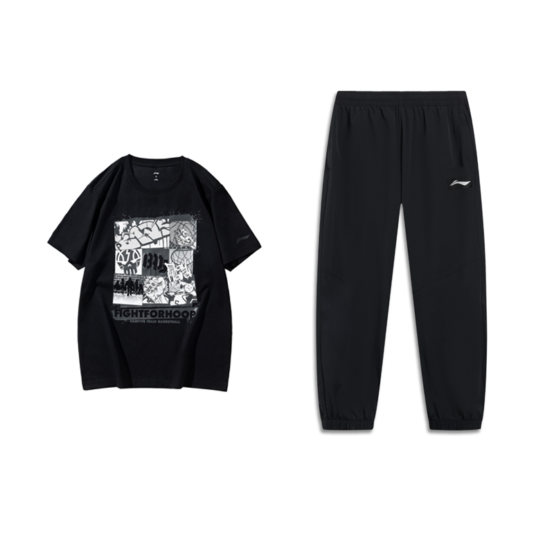 

LINING Баскетбольная коллекция повседневная спортивная одежда унисекс комплект черный топ с короткими рукавами+черные брюки