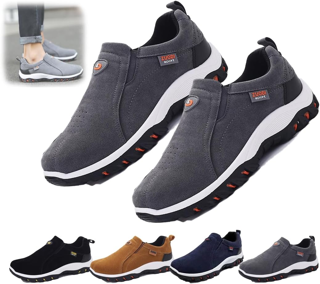 

Мужские замшевые низкие водонепроницаемые походные ортопедические туфли, кожаные легкие дышащие повседневные слипоны, нескользящие кроссовки с поддержкой свода стопы Generic, серый