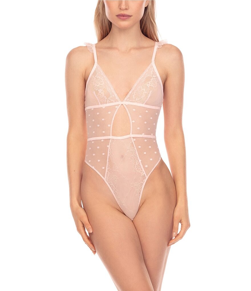 

Honeydew Intimates Боди без рукавов из прозрачной сетки в горошек с V-образным вырезом и оборками на бретелях Flora, розовый