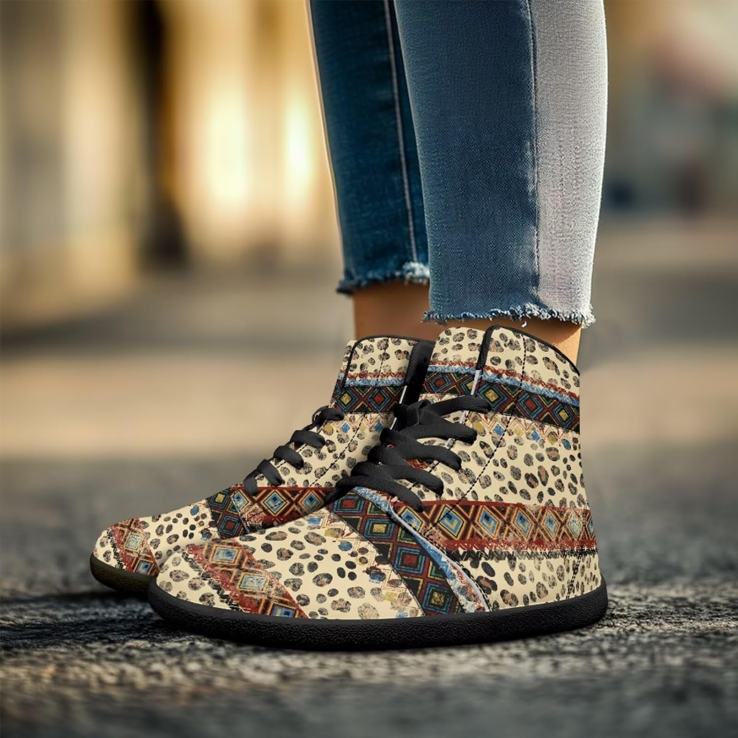 Кроссовки Binienty High Top Barefoot для женщин и мужчин, модные с нулевым перепадом, водонепроницаемые походные ботинки из ПУ-кожи, Retro Tribal Leopard — фото 3