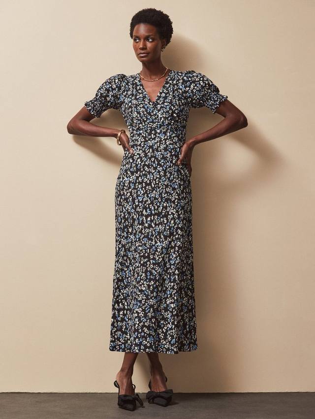 

Платье миди с принтом Ditsy и манжетами с присборенными рукавами Ro&Zo, Black