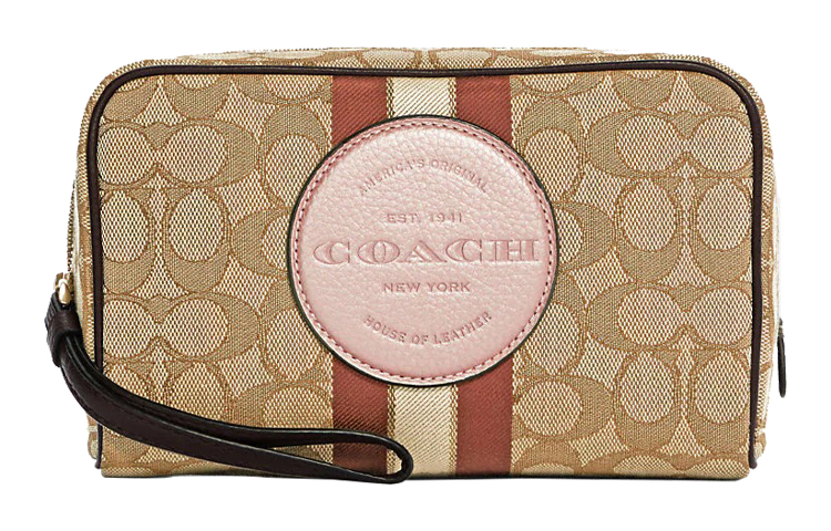 

COACH Женская косметичка Trumpets из холста с кожаным клатчем, квадратная, цвета темно-хаки и розового