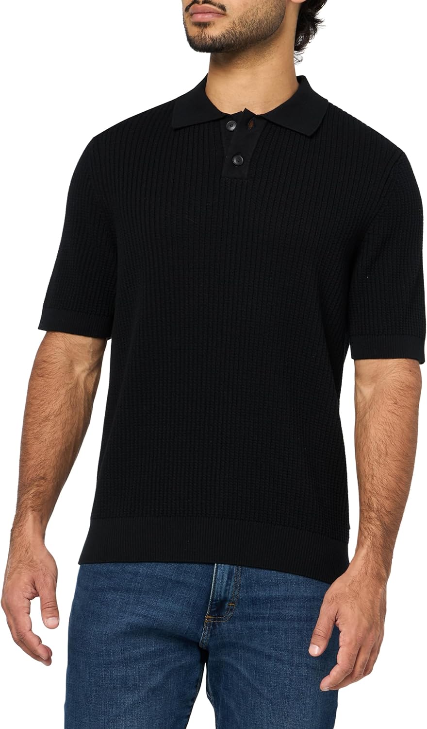 

BOSS мужская фактурная вязаная поло с коротким рукавом, Black Gloss, Черный, BOSS мужская фактурная вязаная поло с коротким рукавом, Black Gloss