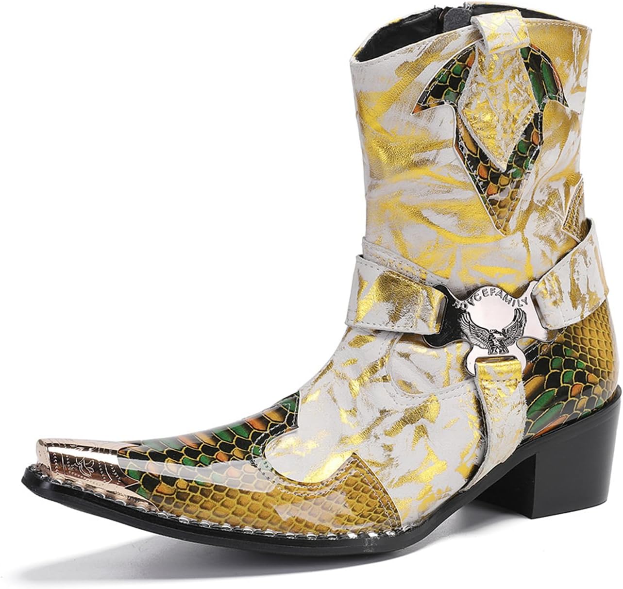 

Мужские ботинки Abborora Cowboy для торжественных и повседневных случаев, из натуральной кожи, высокие, с металлической отделкой, застежкой-молнией, западного стиля, модные, для свадьбы, певца, вечеринки, бального зала, ботинки Челси, золотой