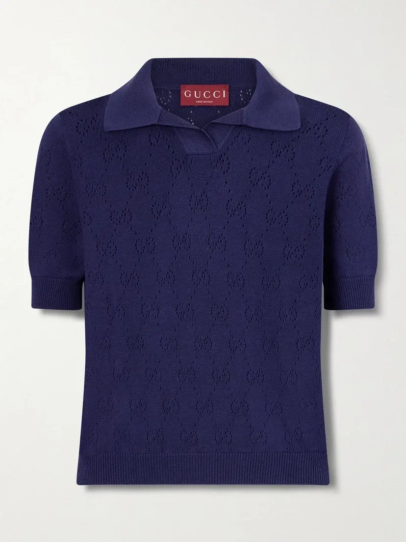 Рубашка поло Gucci из перфорированного шелка и хлопка, классический крой, синий
