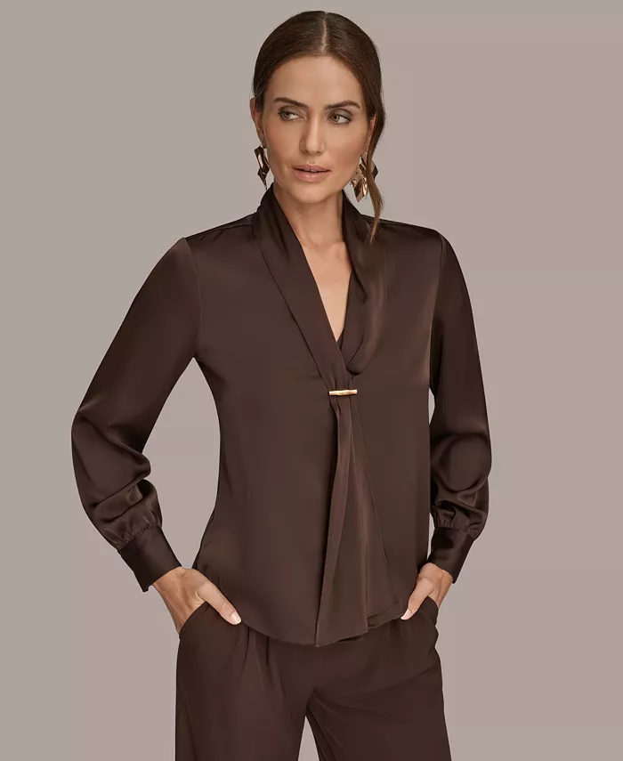 

Женский топ с V-образным вырезом и шарфом, Regular и Petites Donna Karan New York, коричневый
