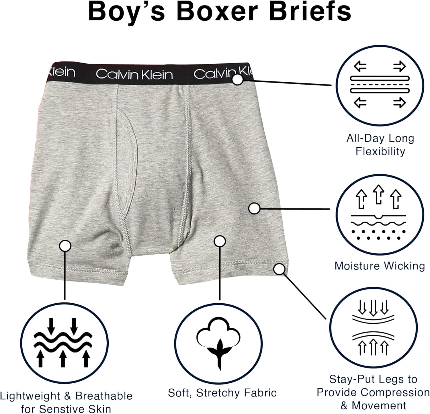 Современные хлопковые трусы-боксеры Calvin Klein для мальчиков (5 шт.), Olivine Camp/Slate Gray/Heather Gray/Magnet/Black Arch — фото 2