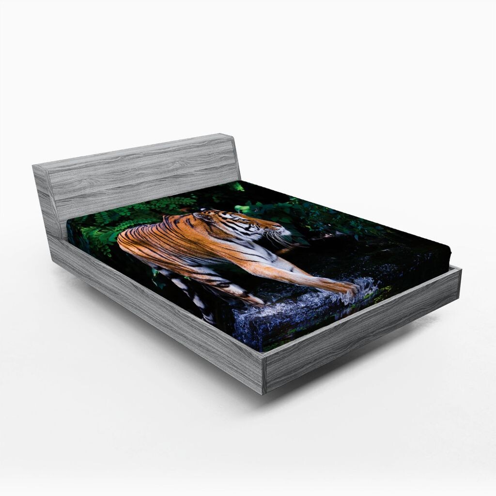 

Простыня ABAKUHAUS Safari на подкладке, «Тигр в водном потоке, охота на опасные деревья, тропический пруд, скрытый лов», 90 x 200 см, зеленый, оранжевый, коричневый