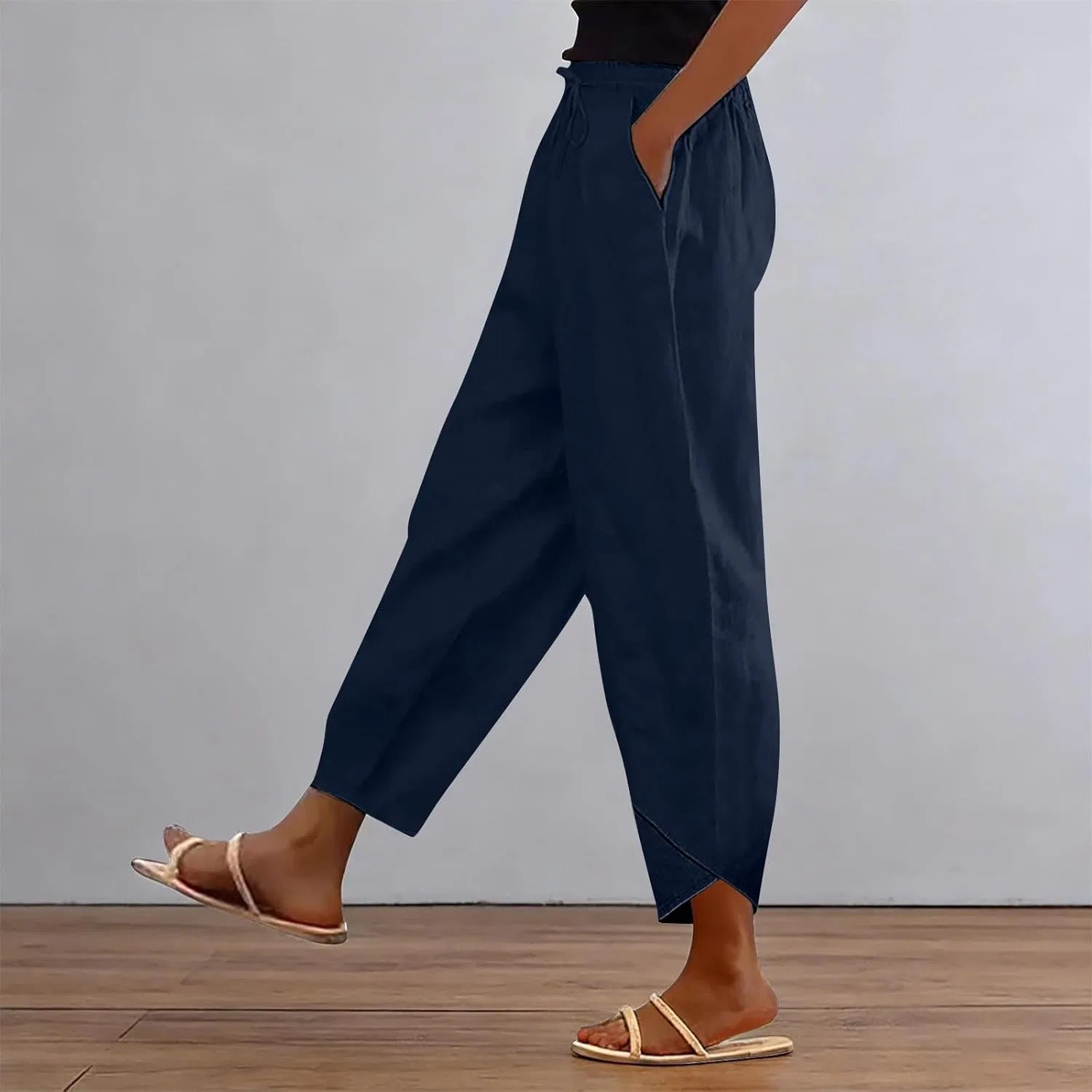 Брюки женские из хлопка и льна, широкие, с высокой талией, 01-dark Blue — фото 2