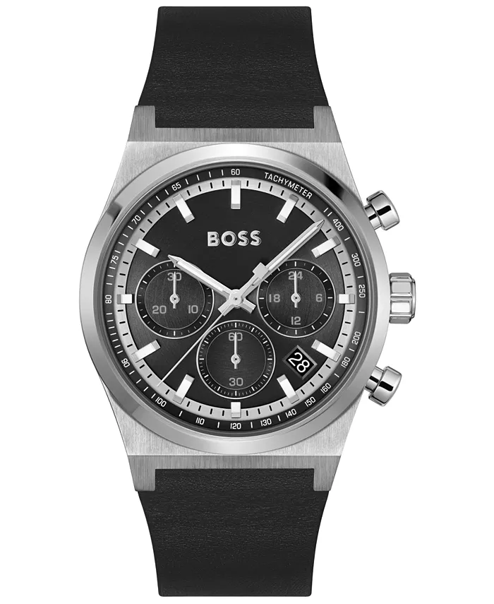 

Мужские часы Candor Quartz Chronograph с черным кожаным ремешком, 41 мм Hugo Boss