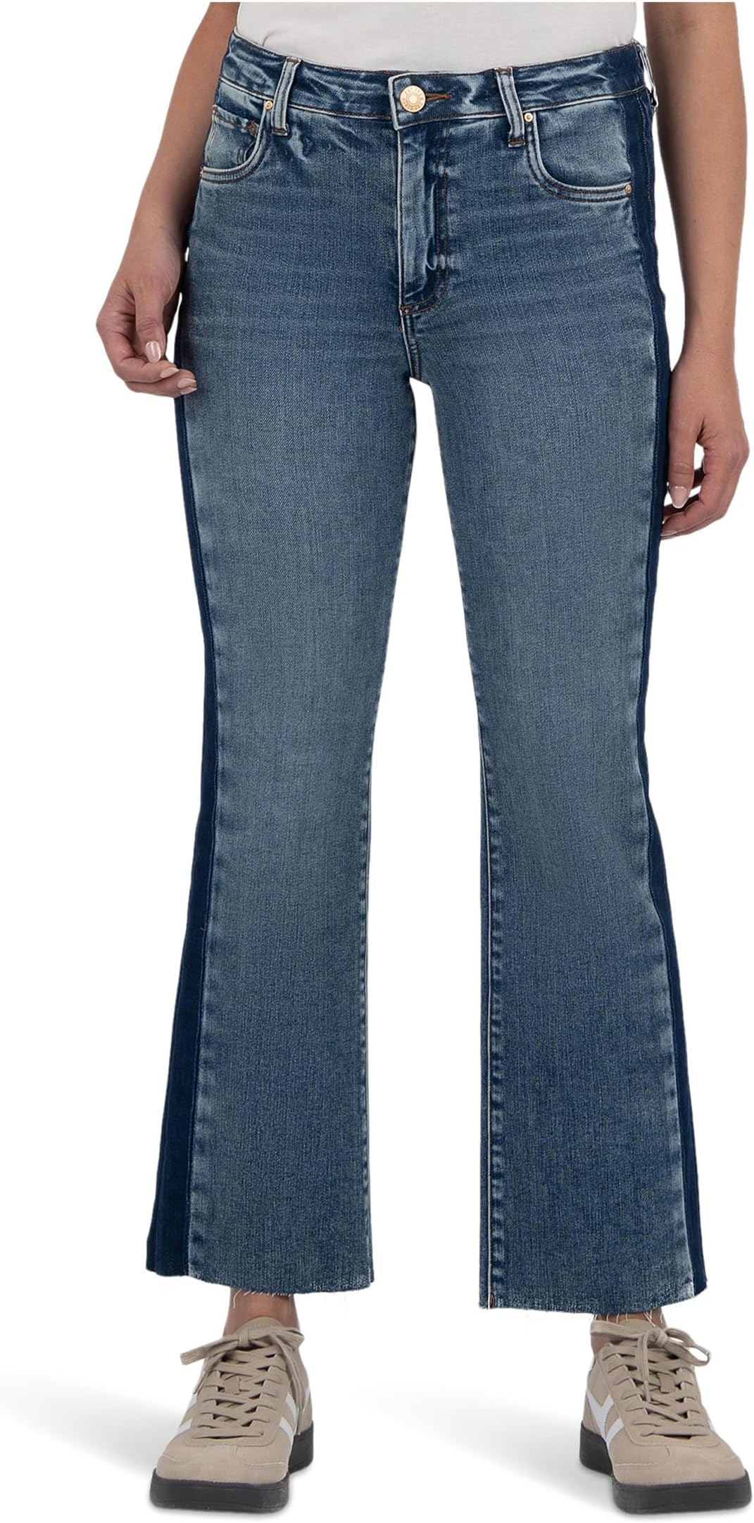 

Джинсы KUT from the Kloth Kelsey High-Rise Ankle Flare Raw Hem Side Inset in Inerrant, цвет Inerrant
