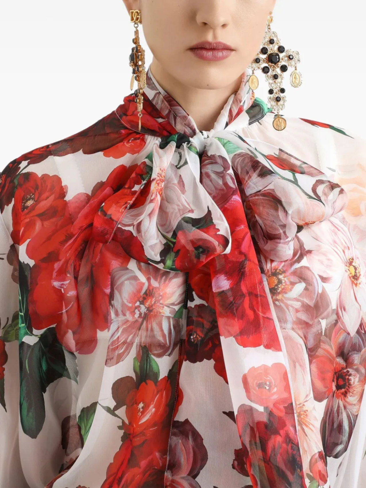 Шифоновая блузка с принтом роз Dolce & Gabbana, белый — фото 4