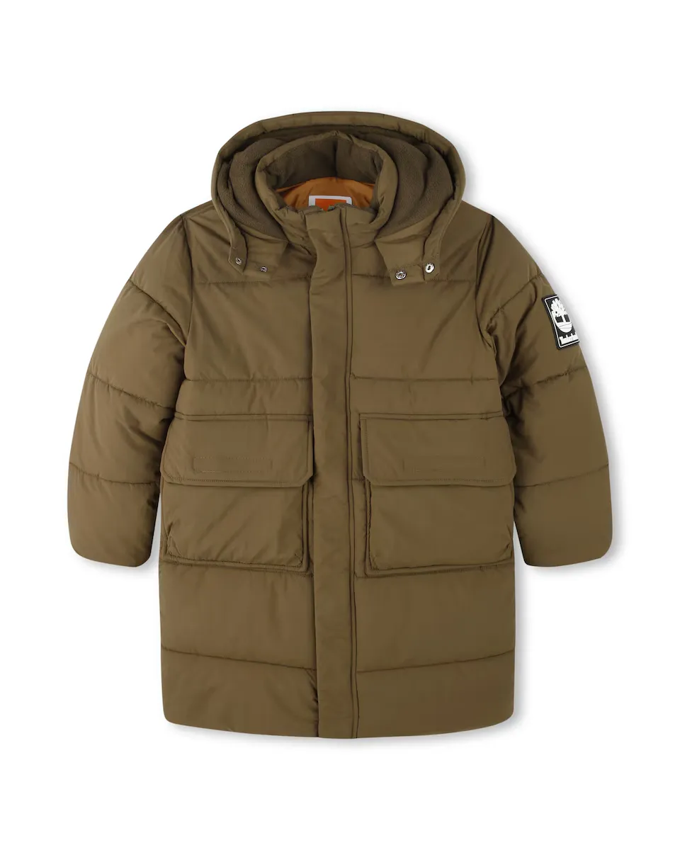 

Длинный пуховик для мальчика с капюшоном и логотипом на спине Timberland, цвет Kaki