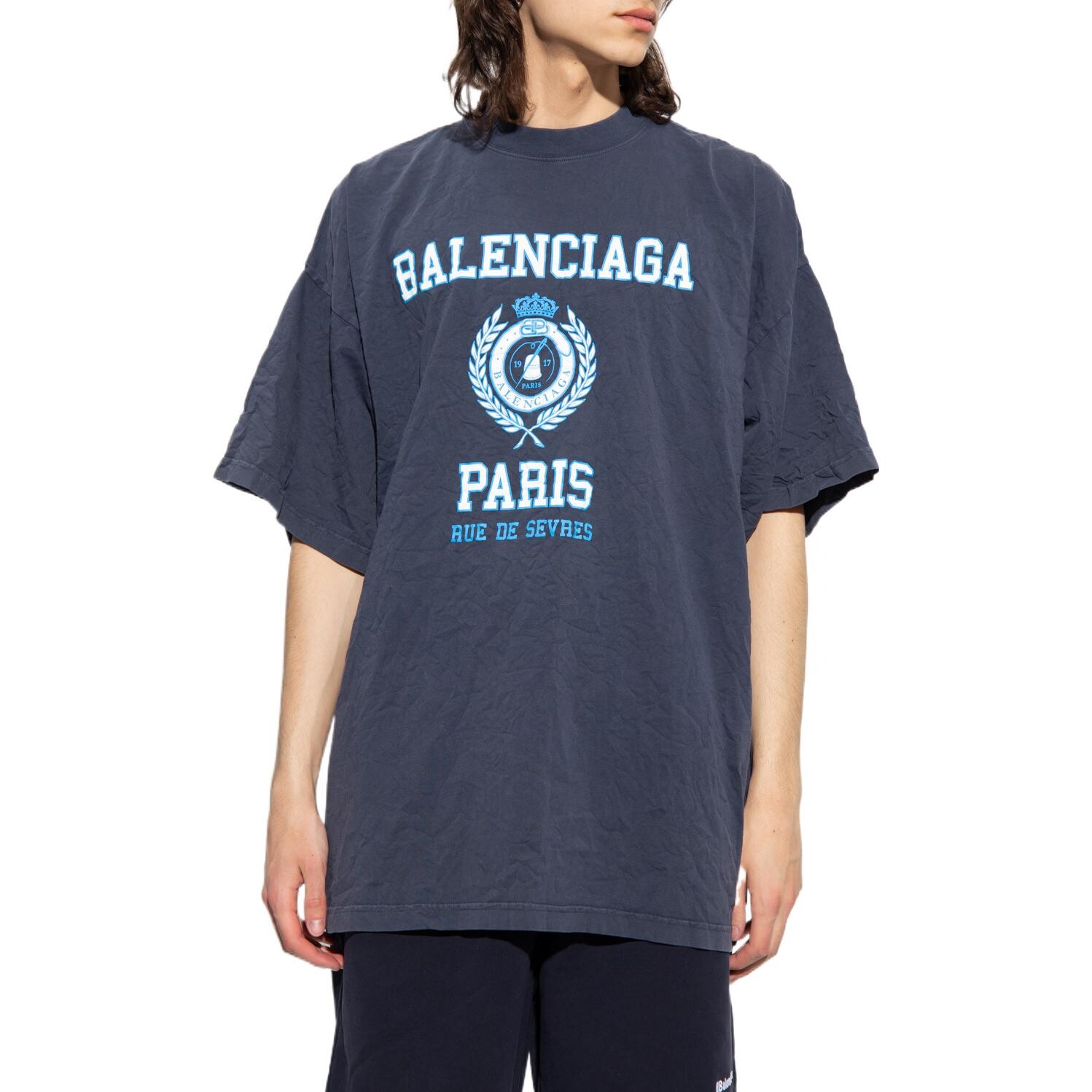 Футболка с мятым принтом College Crest Balenciaga, темно-синий — фото 4
