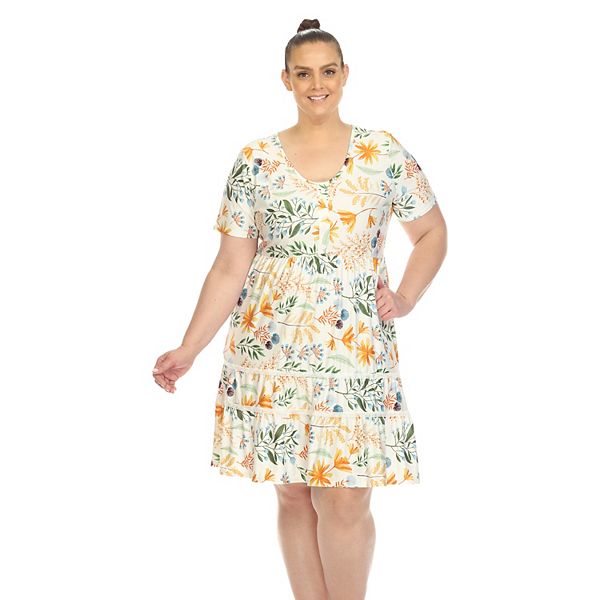 

Женское платье с цветочным принтом, короткий рукав, длина до колена, plus size Wm Fashion, White