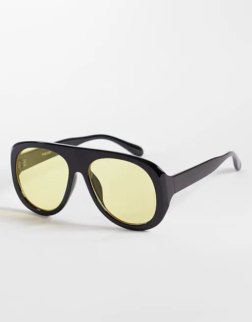 

Эксклюзивные черные черные солнцезащитные очки-авиаторы с массивными желтыми линзами Kaiia