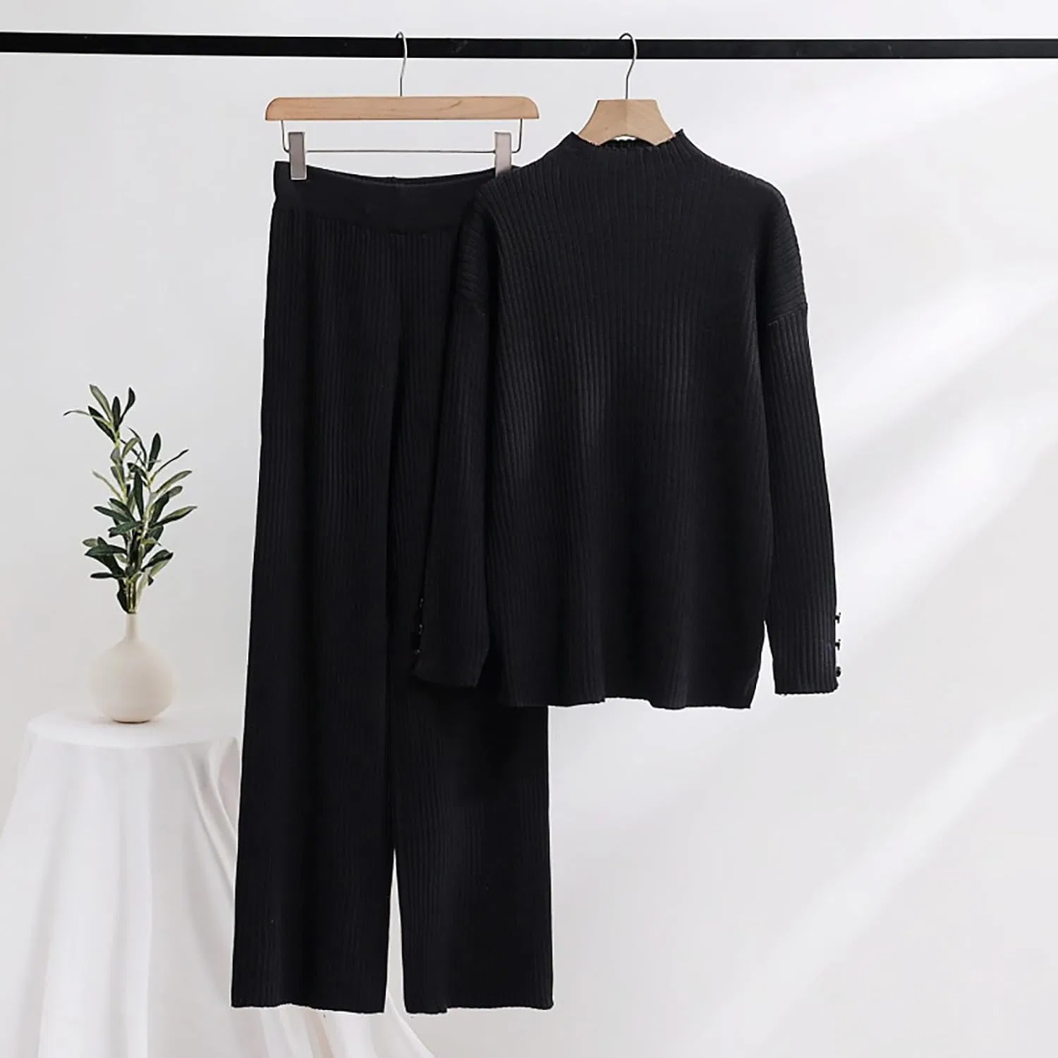 Спортивный костюм ribbed knit, свитер и широкие брюки, черный — фото 2