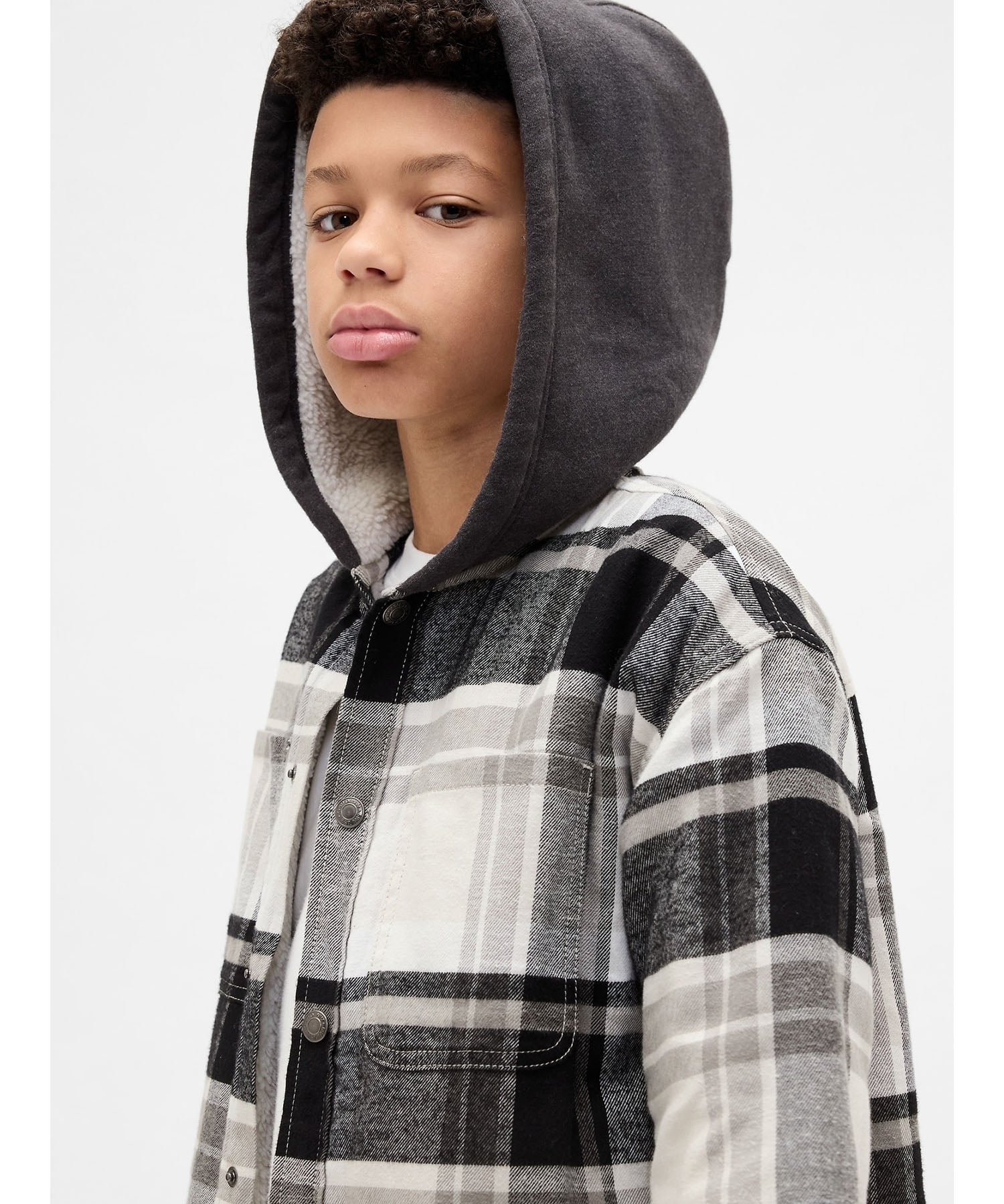 (K) Фланелевая куртка с капюшоном на флисовой подкладке (детская) GAP, GREY_PLAID — фото 3