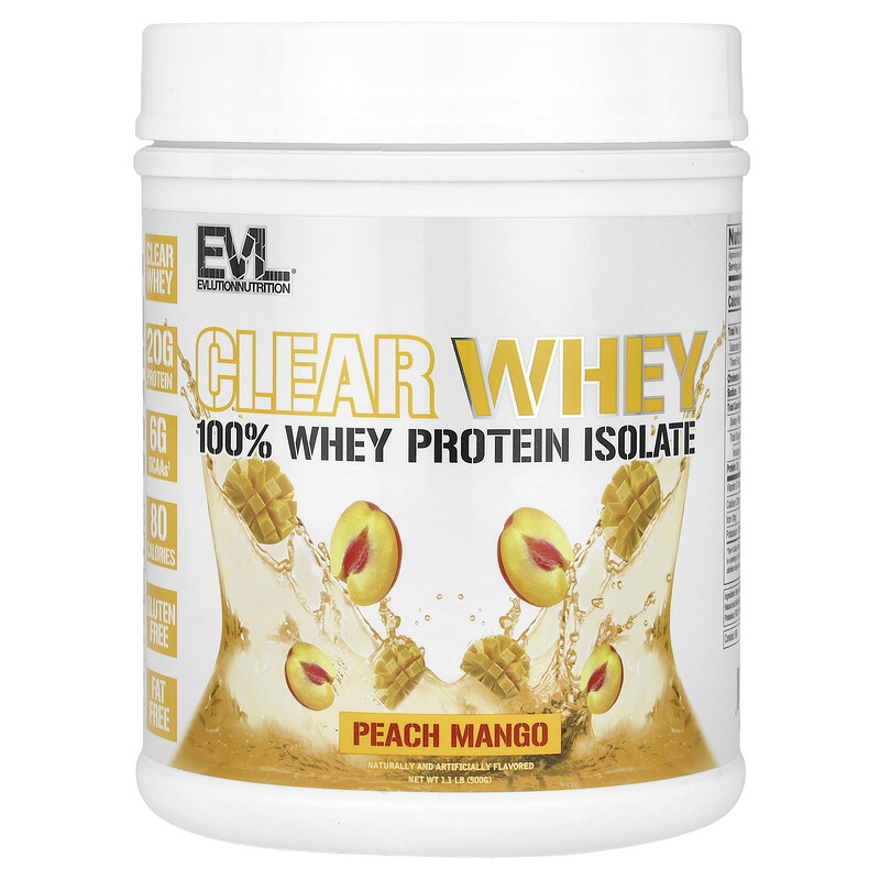

EVLution Nutrition, Clear Whey, 100% изолят сывороточного протеина, персик и манго, 500 г (1,1 фунта)