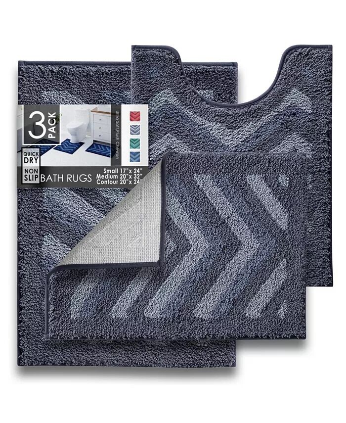 

Ультрамягкий нескользящий лохматый коврик для ванной из 3 частей — дизайн шеврон — маленький, большой и контурный Clara Clark, серый