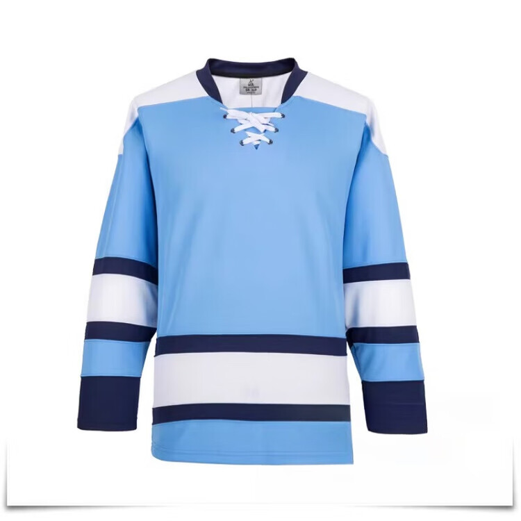 

He Jiagong Новая хоккейная форма 2024, тренировочный костюм для хоккея, размер и логотип на заказ, джерси в светло-синюю и черную полоску, XXXS