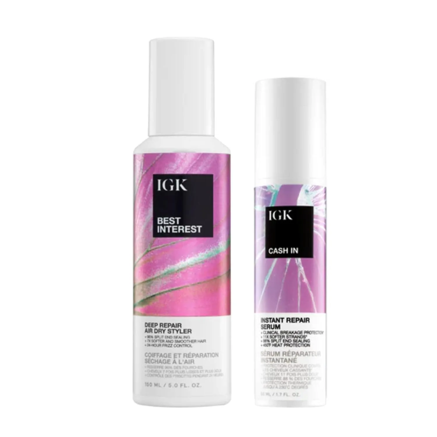 IGK Best Interest + Cash In Split Ends Repair Duo | Несмываемые сыворотки для поврежденных волос, высыхающие на воздухе | Мгновенное средство от ломкости волос | 140 мл + 48 мл