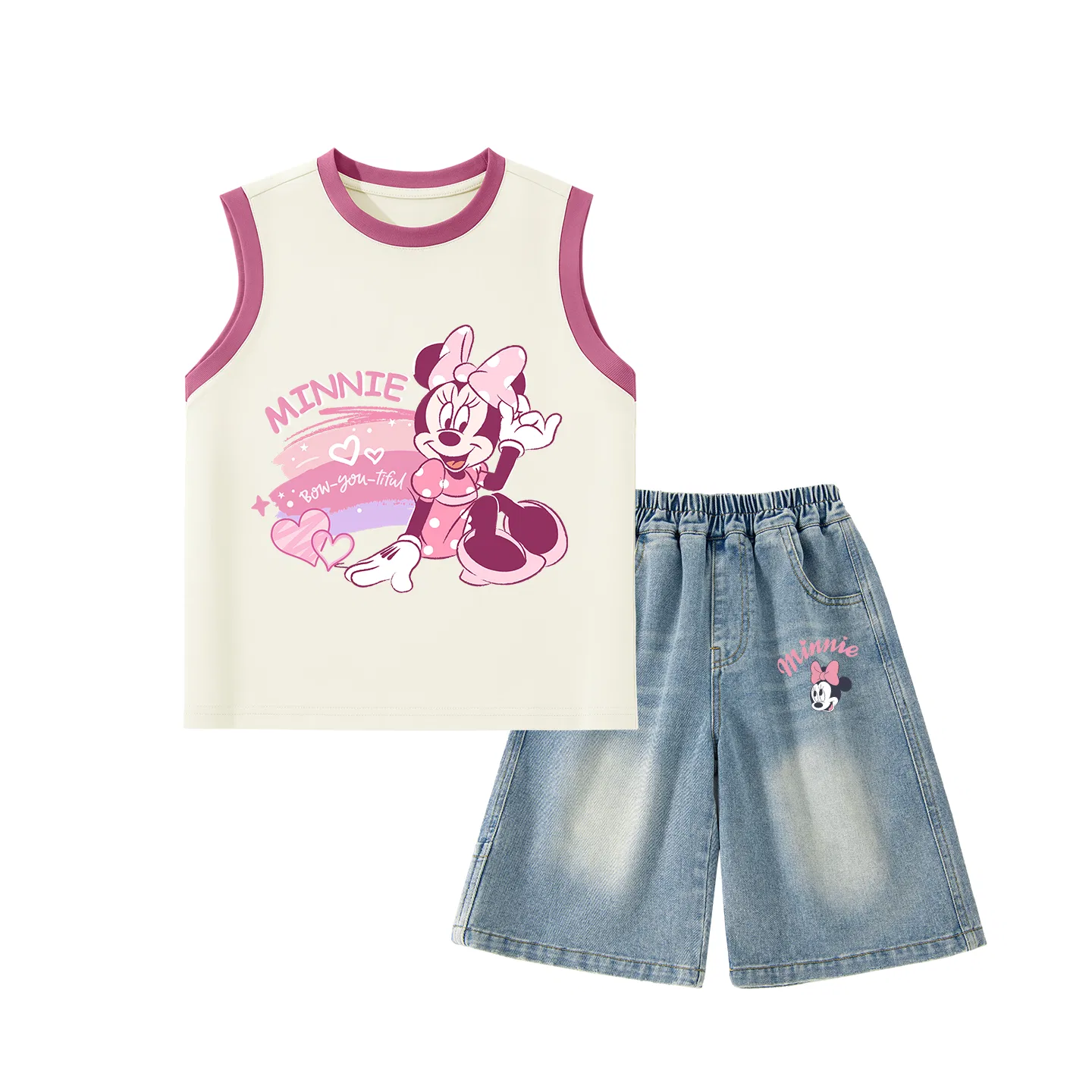 Повседневный спортивный костюм для детей, Disney, Crew Neck Thin Stretch, Rainbow Heart Rose+Denim Blue