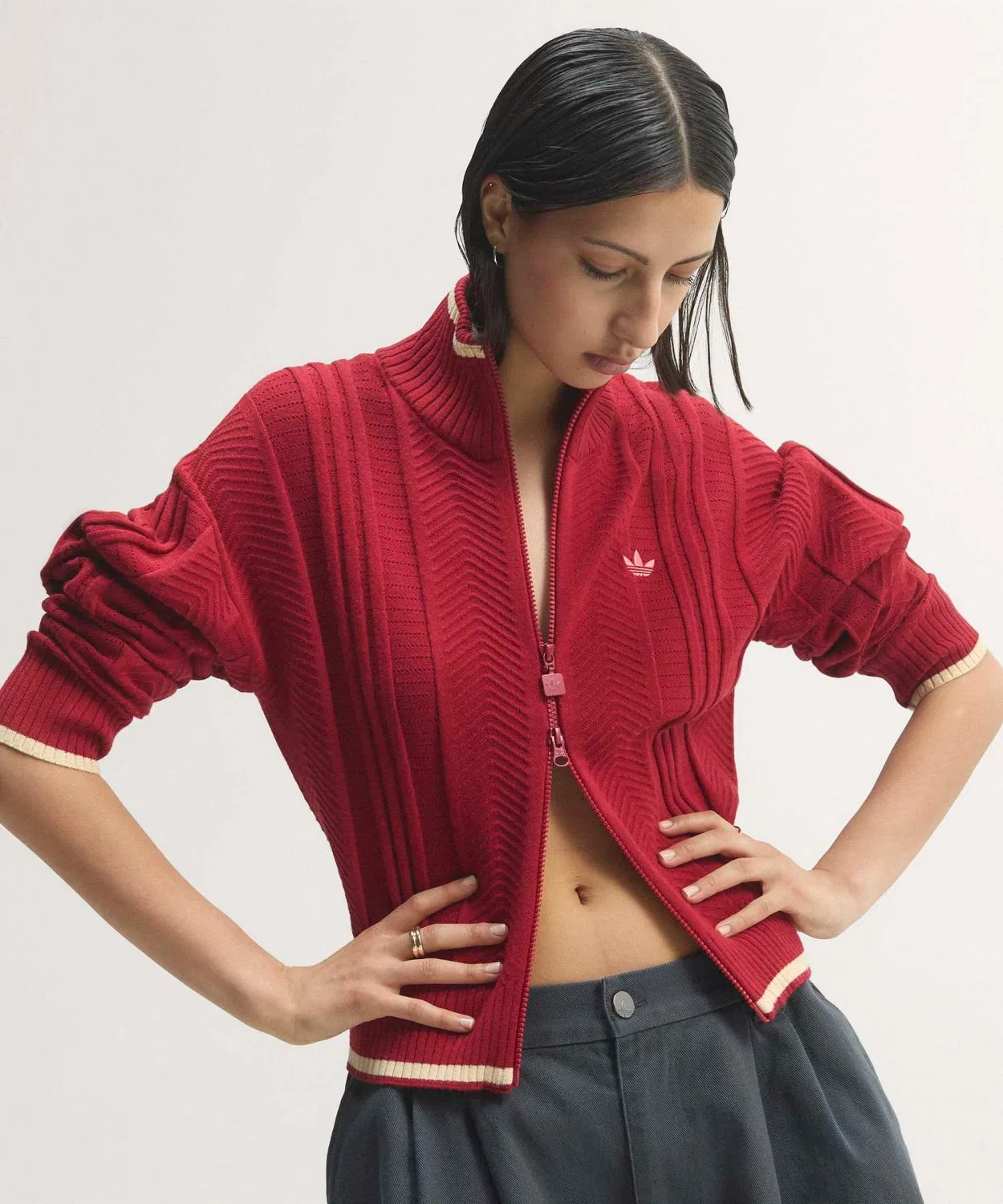 Женский лонгслив с воротником и молнией Firebird Cable Knit Track Top Adidas, Red — фото 3